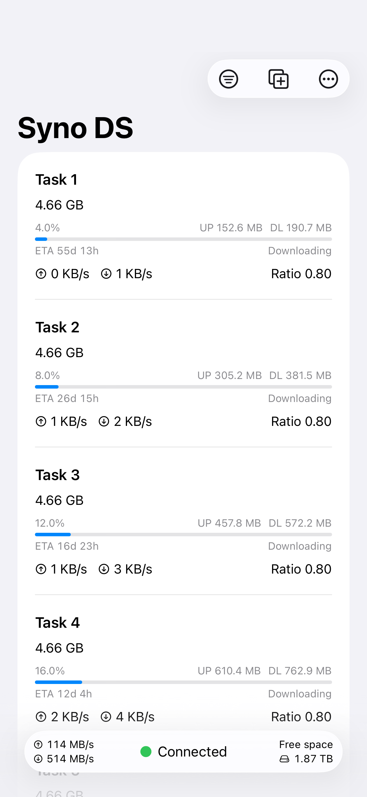 BitRemote tasks view showing queue controls and task management actions